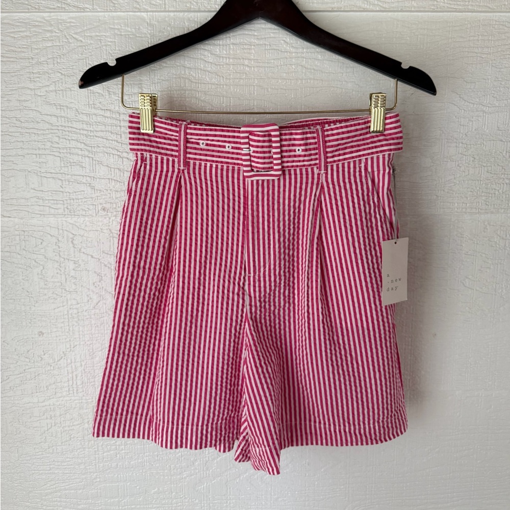 A New Day Pink White Stripe Belted Shorts XS 5.5” Inseam NWT